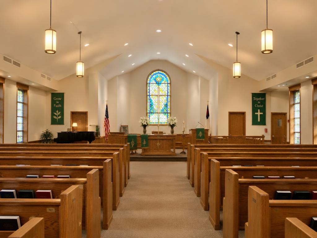 A church sanctuary with wooden pews and tall windows warmed by LED lighting