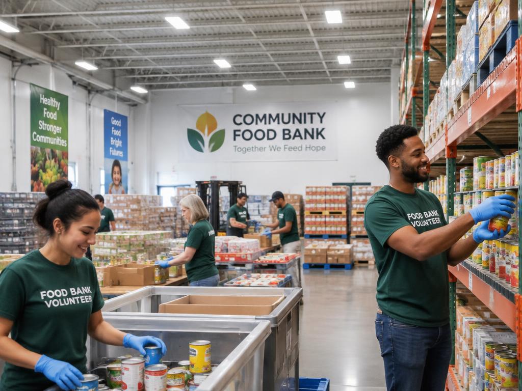 Volunteers in masks and gloves sorting fresh produce into crates in a food bank warehouse under LED high-bay lights